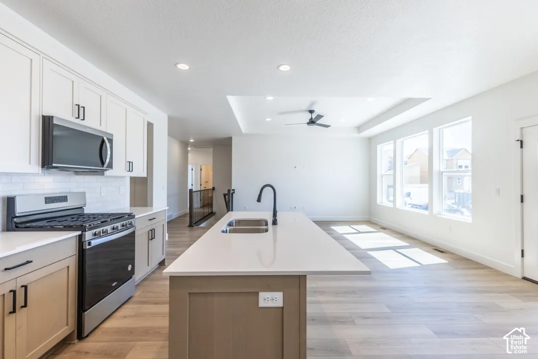 Open-concept kitchen and living area featuring a large center island with double sink, stainless steel appliances, light wood-finish flooring, white cabinetry, and a tray ceiling with a ceiling fan