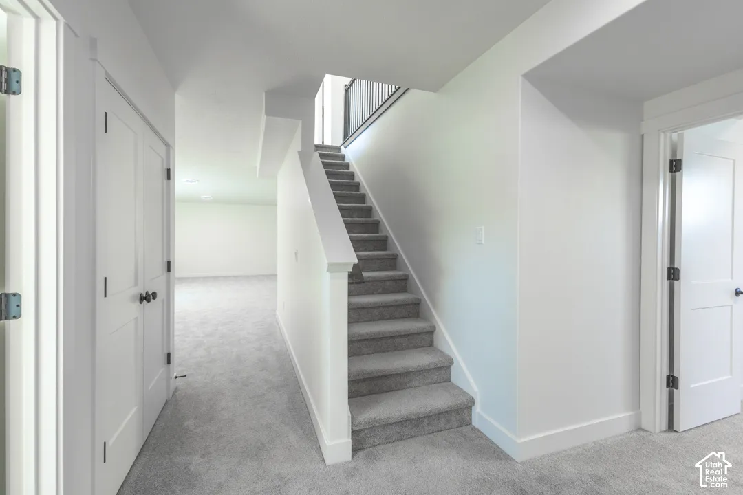 Carpeted staircase with black metal balusters, white baseboards, and white walls
