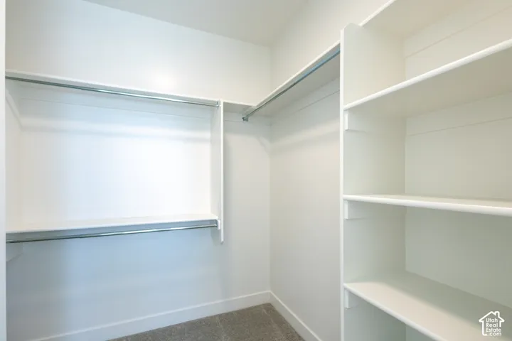 Walk-in closet featuring built-in shelving, dual hanging rods, and light-toned carpeting