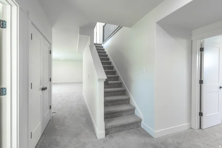 Carpeted staircase with black metal balusters, white baseboards, and white walls