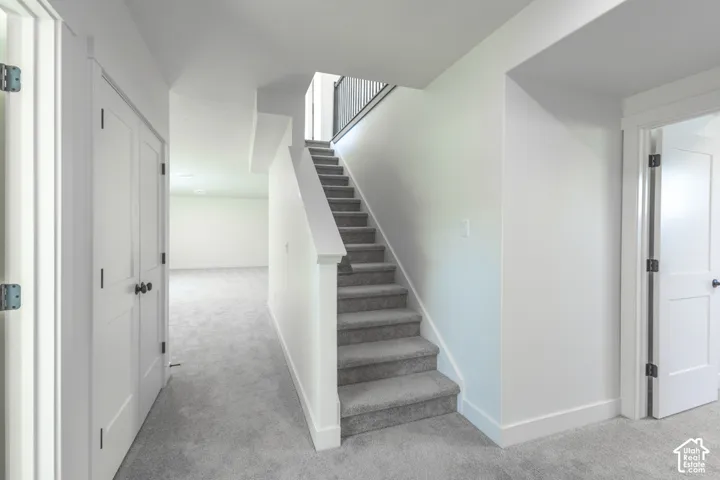 Carpeted staircase with black metal balusters, white baseboards, and white walls