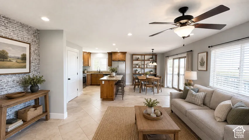 AI, Staged, Living, Dining & Kitchen.