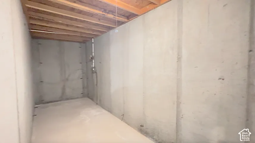 Cold Storage, unfinished basement space featuring concrete walls, concrete flooring, and exposed ceiling joists