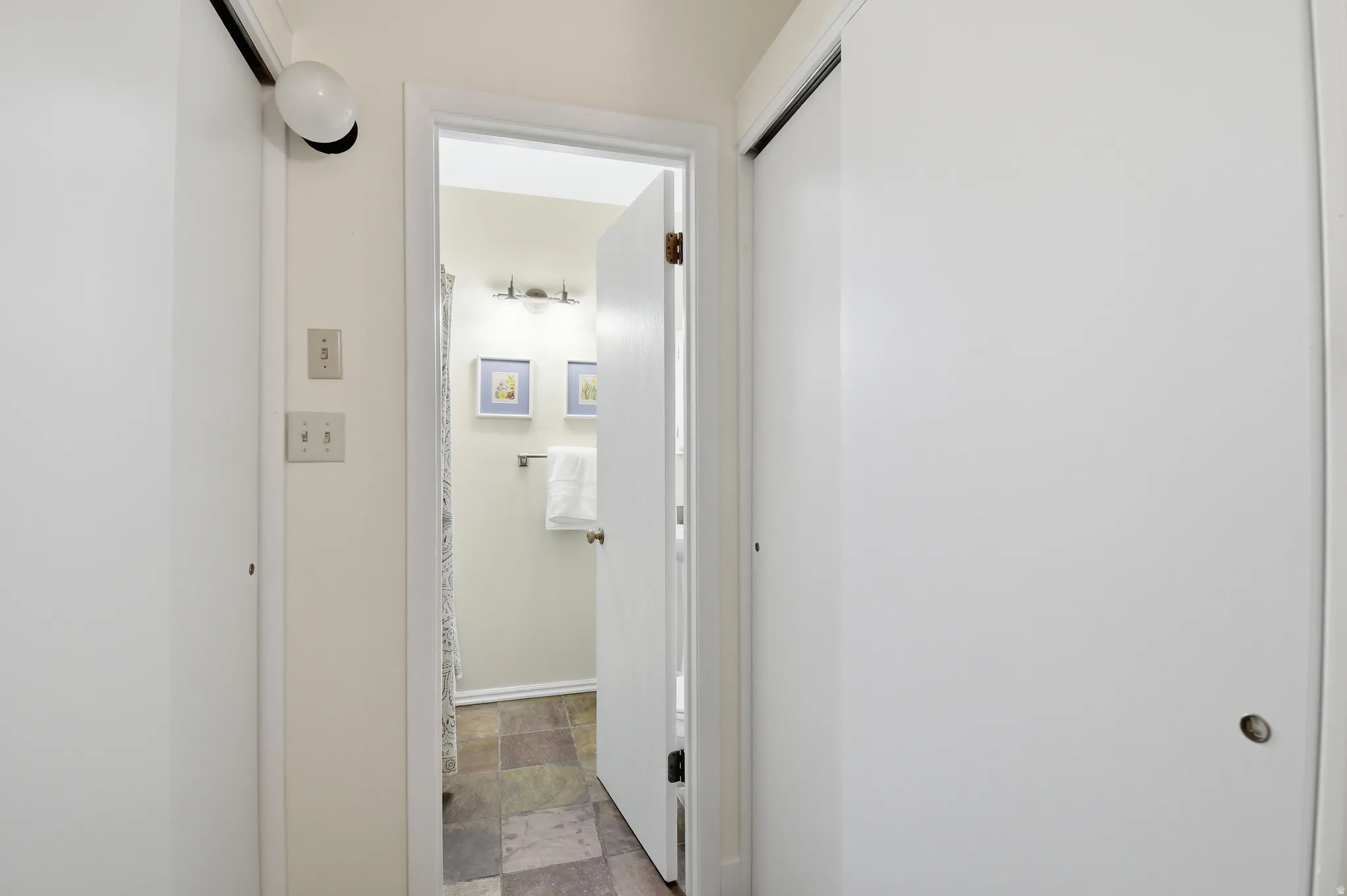 Hallway entrance featuring two white sliding closet doors, wall-mounted light fixture, and light switches