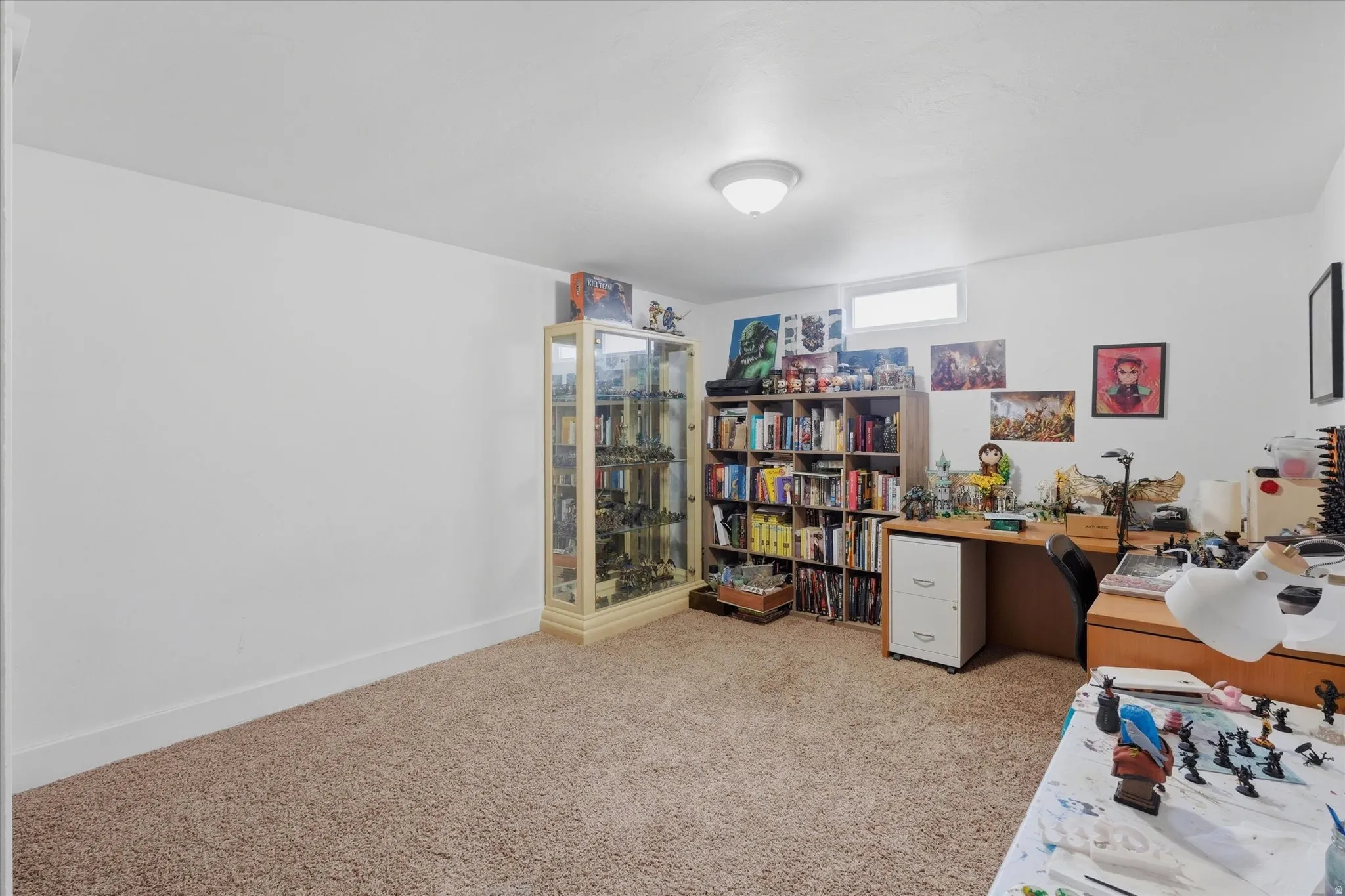 Carpeted room featuring a white ceiling and walls, a high horizontal window, and a flush-mounted ceiling light fixture