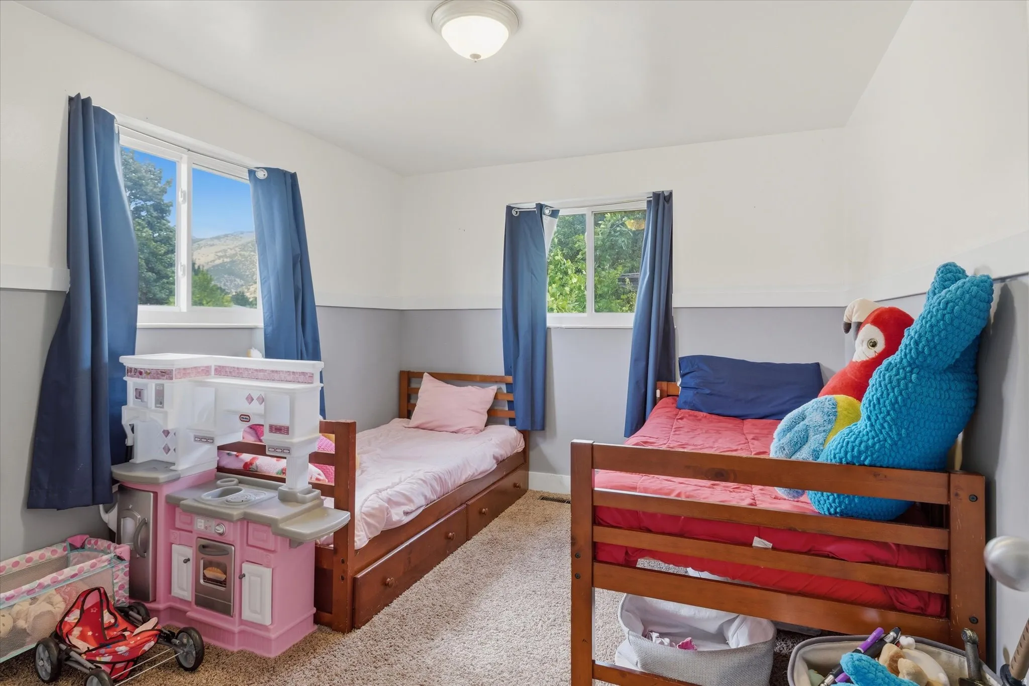 Bright interior space featuring two windows with outdoor scenery, recessed lighting, and carpeting