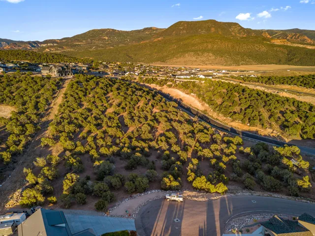 Expansive mountainous landscape with natural tree coverage and distant structures