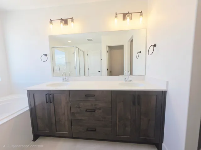 Double vanity with dark wood-finish cabinetry, white countertops, and dual undermount sinks