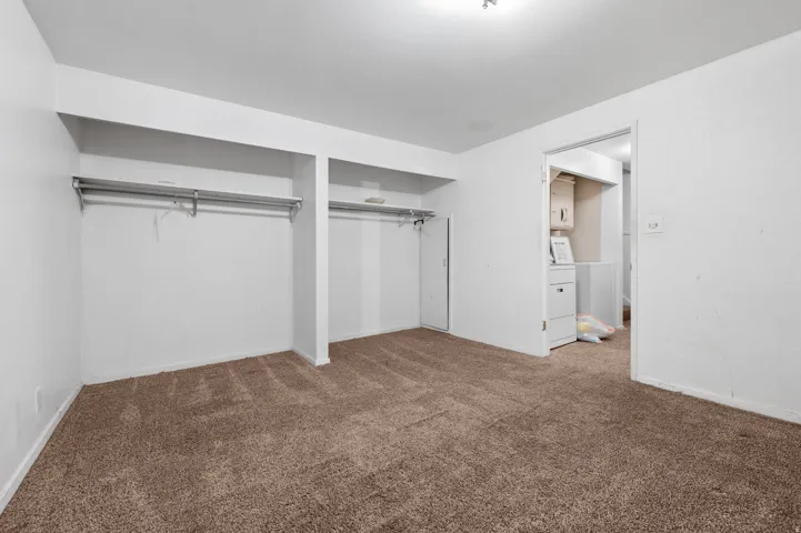 Carpeted room featuring built-in open closets with hanging rods and a neutral color palette