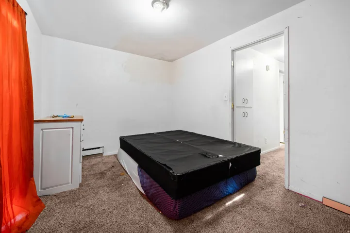Carpeted room with white walls, a flush-mount ceiling light fixture, and a built-in baseboard heater