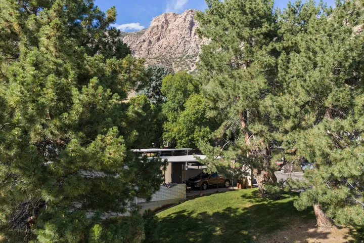 Lush green landscaping with mature trees, a carport, and a prominent mountainous backdrop