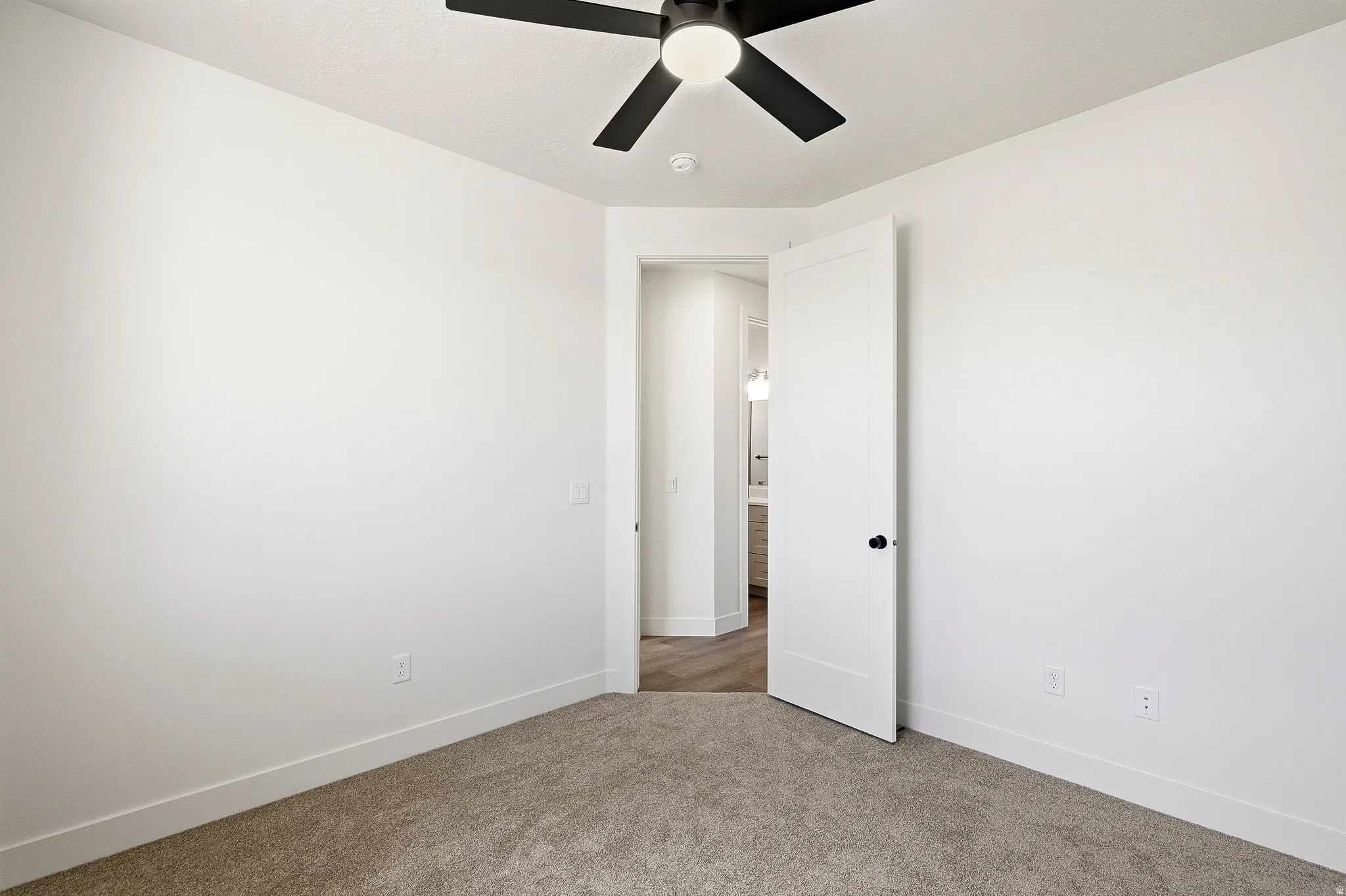 Neutral-toned carpeted room with white walls and baseboards