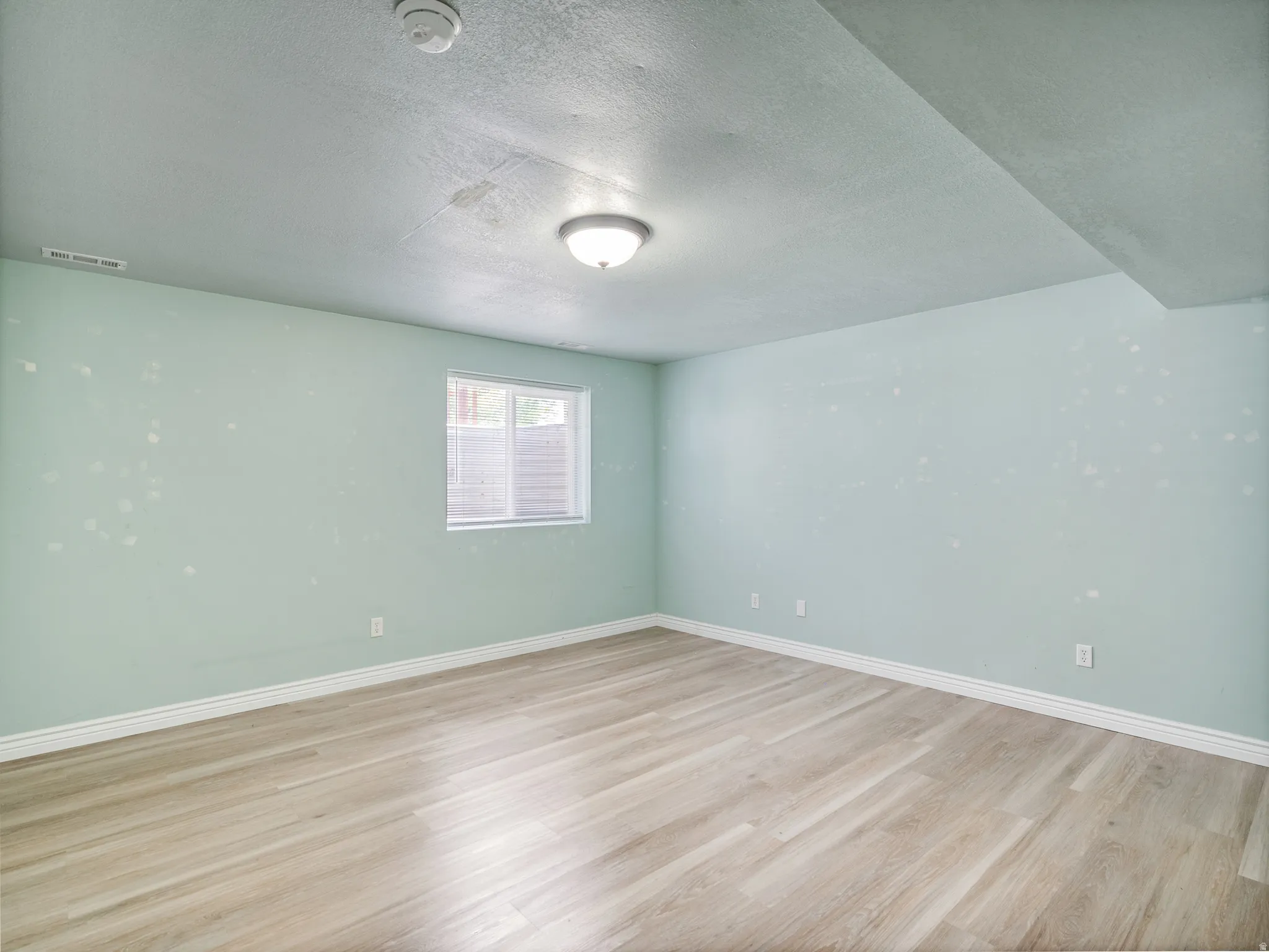 Expansive room featuring wood-finish flooring and a light green wall finish