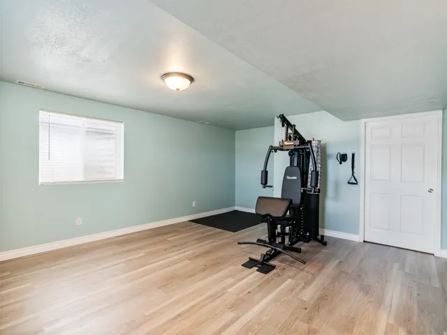 Spacious room featuring light wood-finish flooring, a window with blinds, and a white paneled door