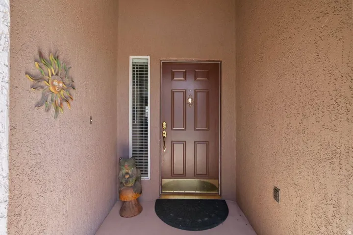 Entryway featuring a paneled brown door with brass hardware, a full-length sidelight with blinds, and stucco-textured walls