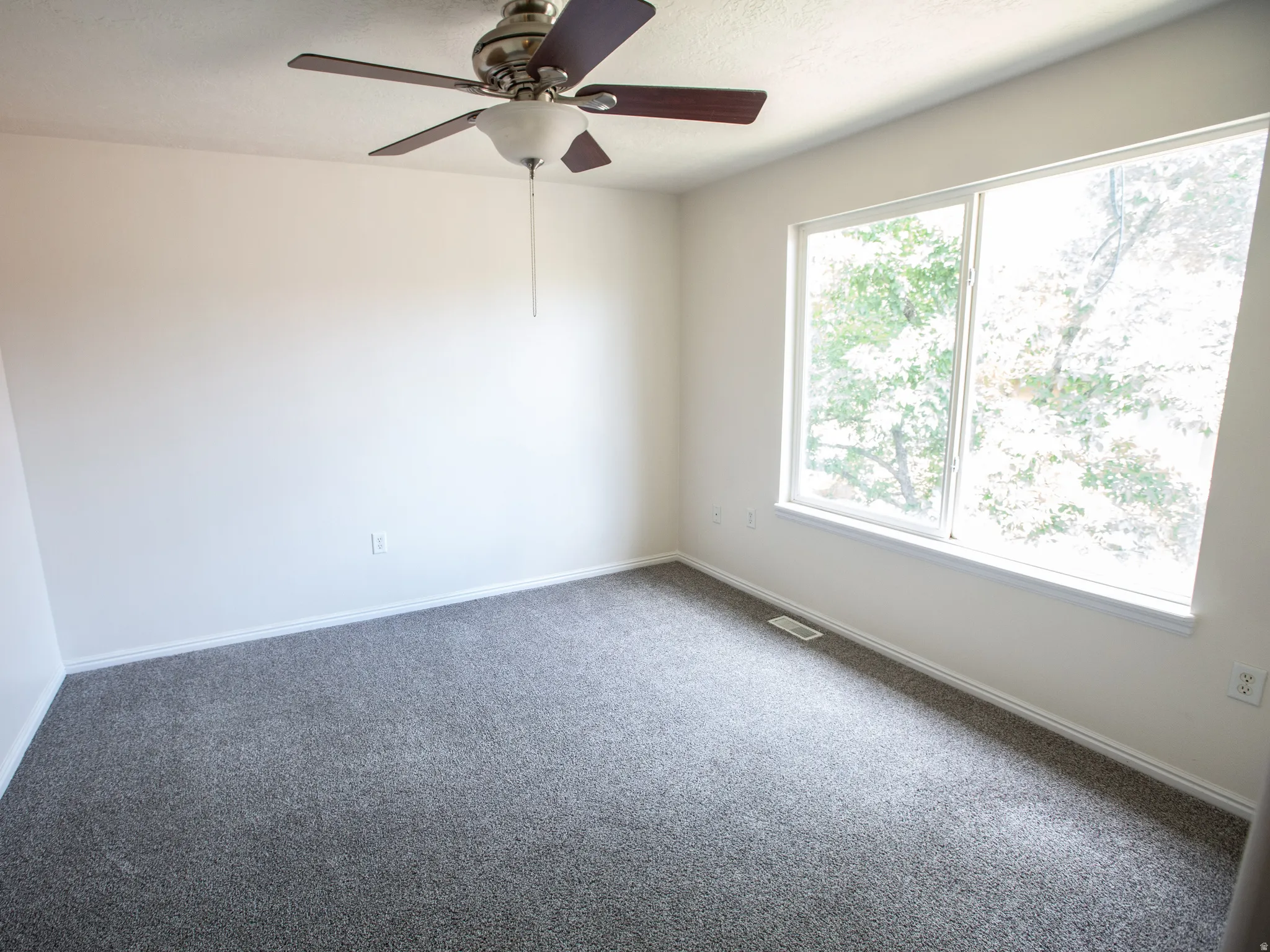 Bright room featuring a large window, gray carpeting, a ceiling fan with integrated lighting, white walls, and white baseboards