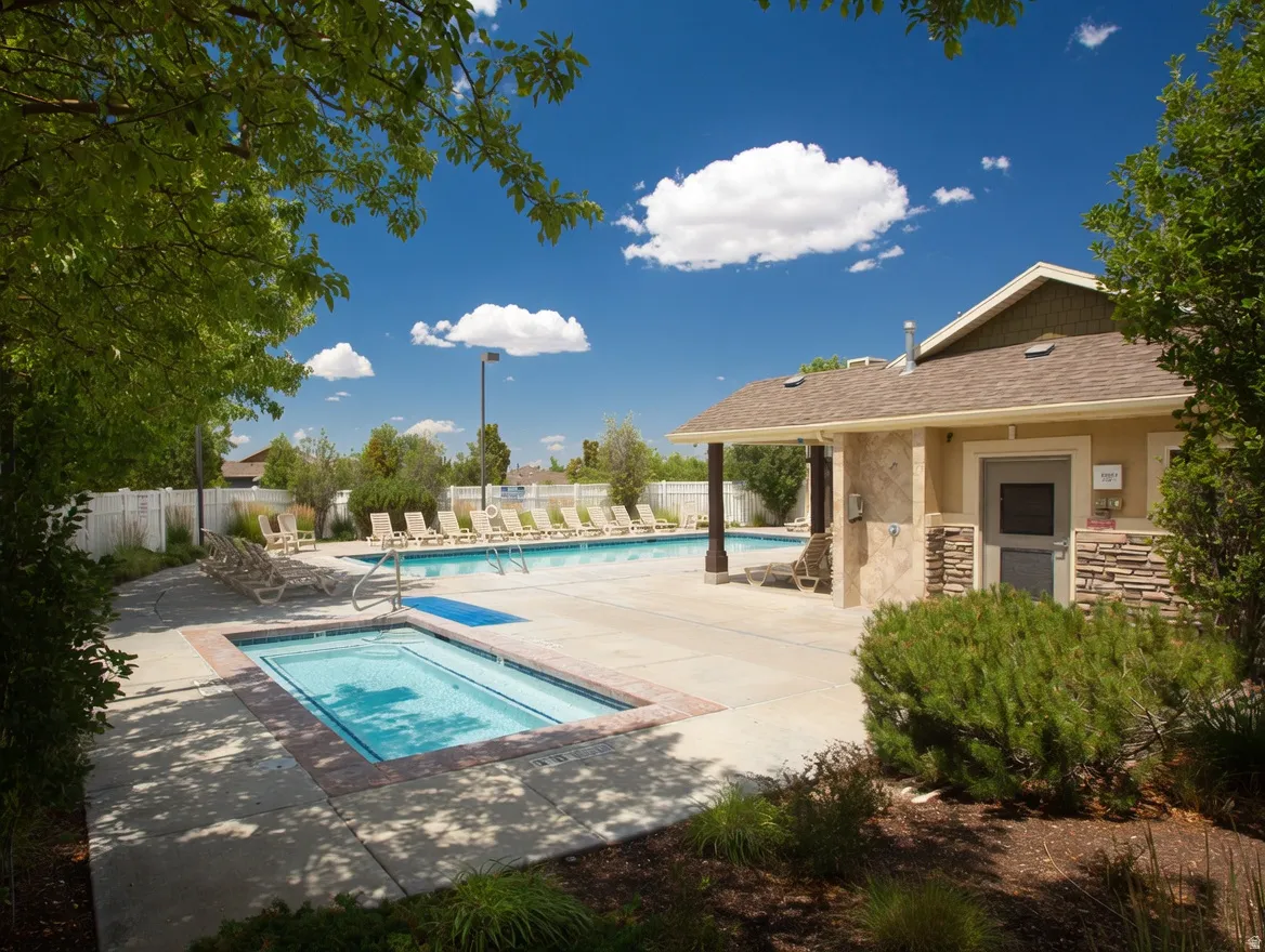 Expansive concrete patio area featuring a rectangular pool and an integrated spa