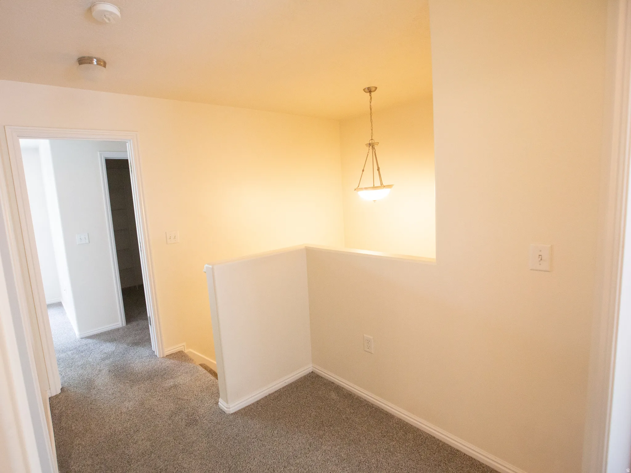 Carpeted hallway with a neutral color palette, featuring a hanging pendant light fixture, white baseboards, and a smoke detector