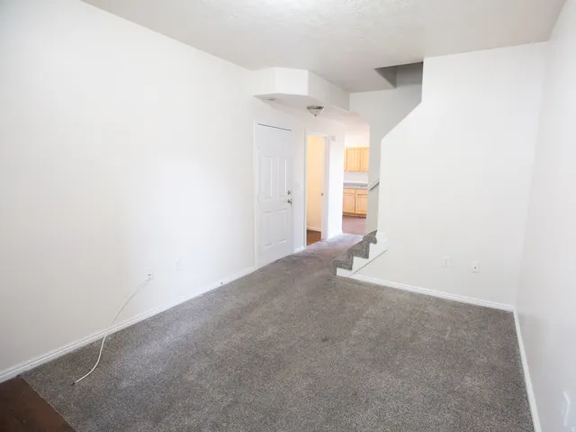 Spacious interior featuring a neutral color palette, grey carpeting, white trim, and a clear entryway leading to other areas of the property