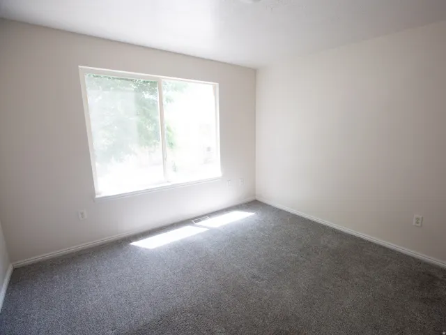 Room featuring neutral wall tones, white trim, a large window, dark gray carpet, and baseboard heating