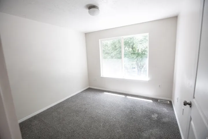 Bright room featuring a large window, neutral painted walls, and gray carpeting