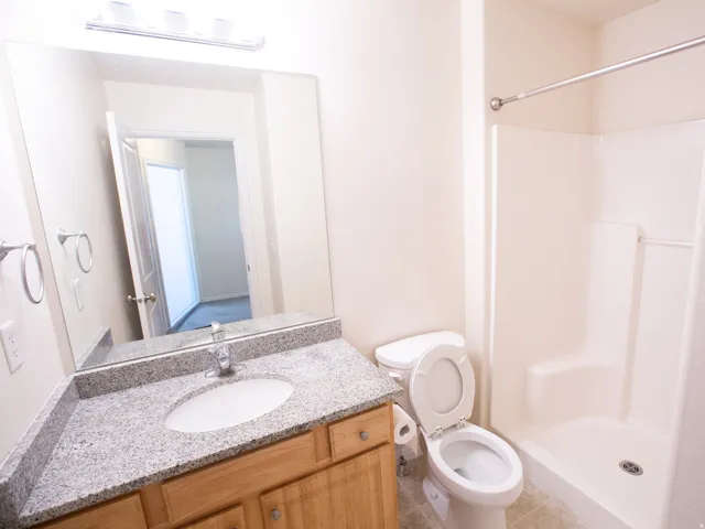 Bathroom featuring a single vanity with a granite-look countertop, an integrated sink, and wood cabinetry