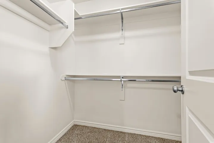 Walk-in closet featuring built-in shelving, chrome hanging rods, neutral carpeting, and a bright white paint finish