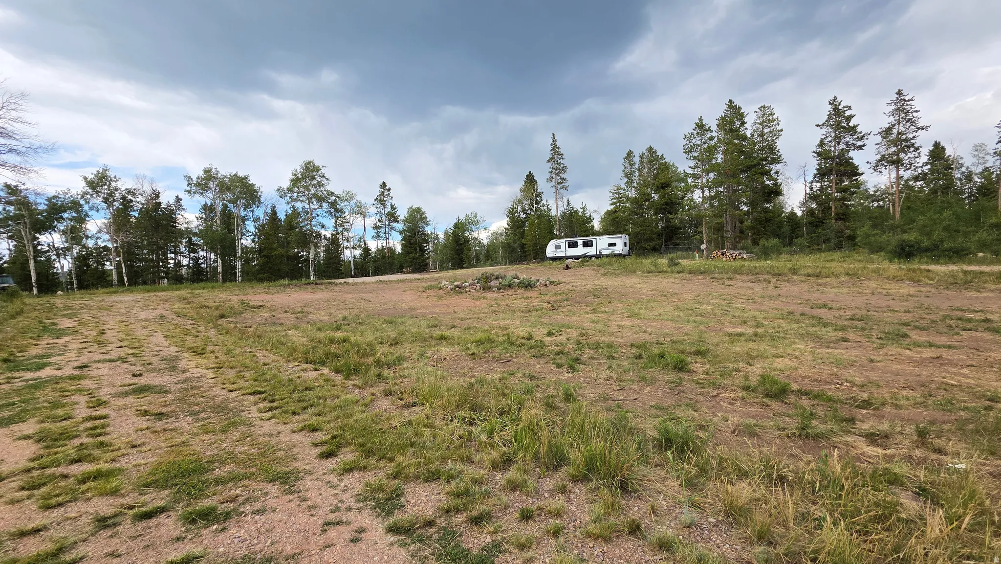Expansive cleared lot featuring natural landscaping and a backdrop of mature pine and aspen trees