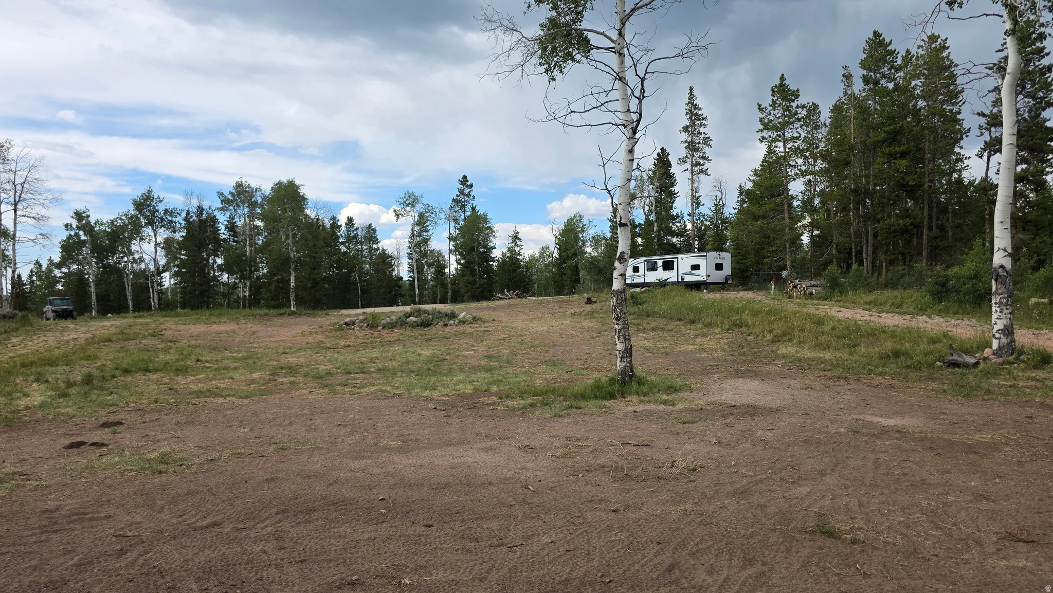 Expansive cleared land parcel offering a mix of mature evergreen and deciduous trees, with a partially graded, level terrain