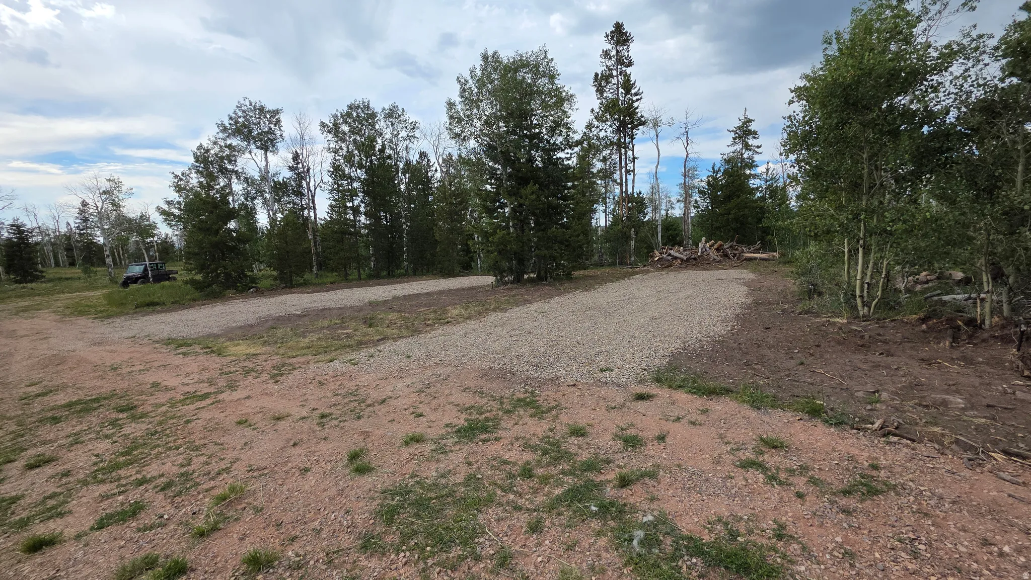 Gravel driveways and clearings amidst natural tree coverage
