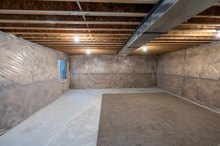Unfinished basement with exposed ceiling joists, concrete flooring, and partial carpeting
