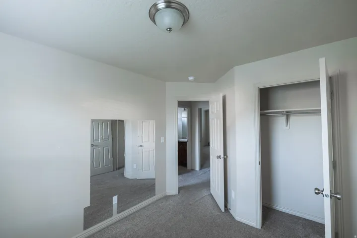 Recessed ceiling light fixture, carpeted flooring, and a built-in closet with a hanging rod