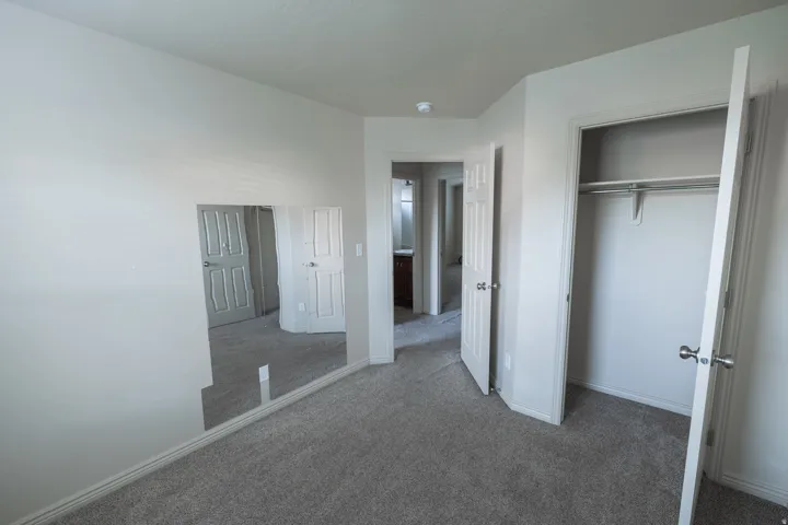 Neutral-toned walls complement plush grey carpeting