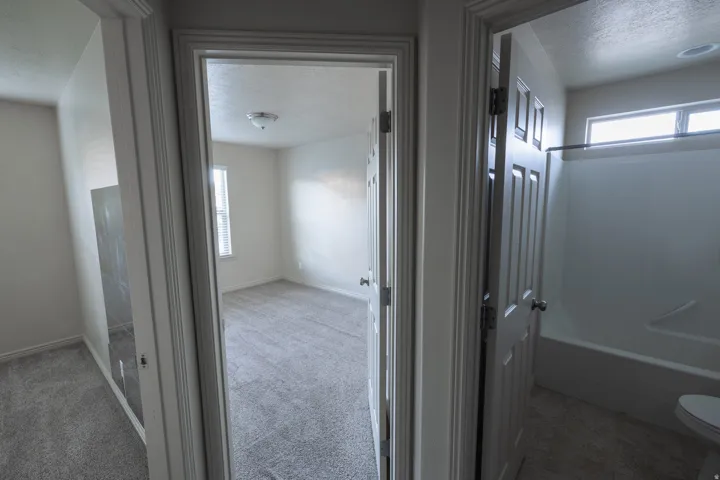 Carpeted bedroom with a window, ceiling-mounted light fixture, and panel doors
