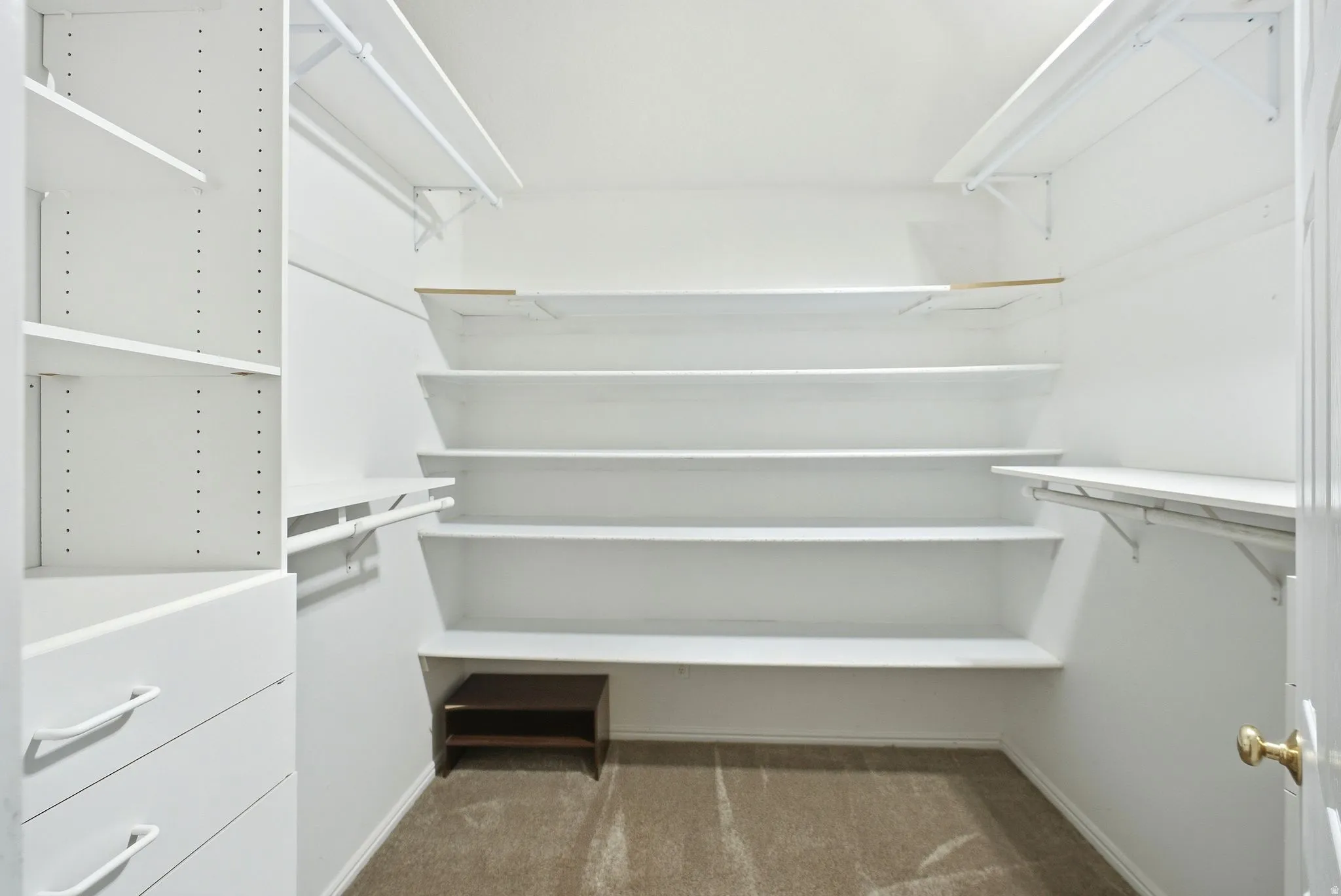 2nd master Walk-in closet with carpet flooring, extensive built-in shelving, white cabinetry with drawers, and hanging rods
