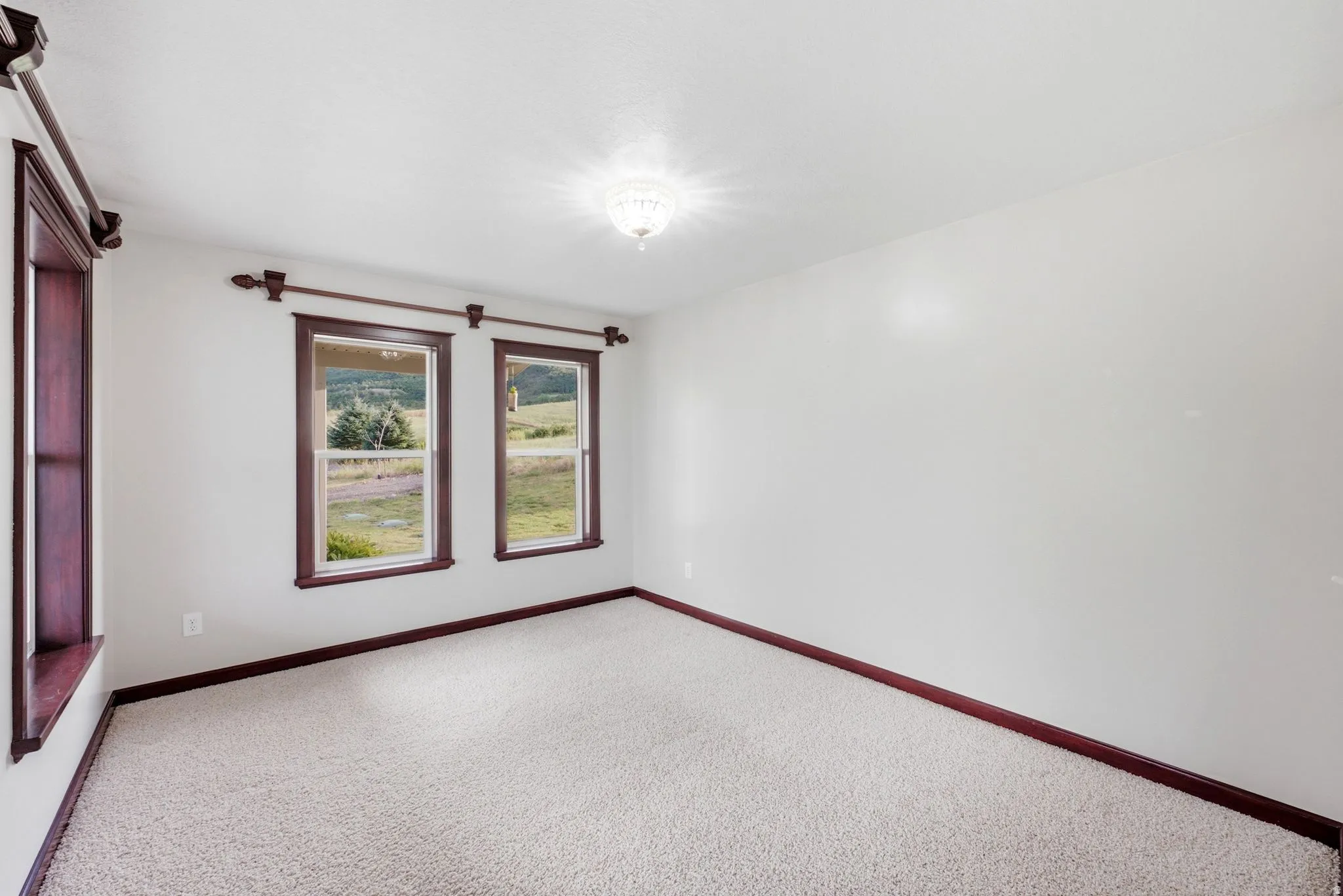 Formal living room. Light-filled room featuring plush carpeting, white walls, and dark wood trim