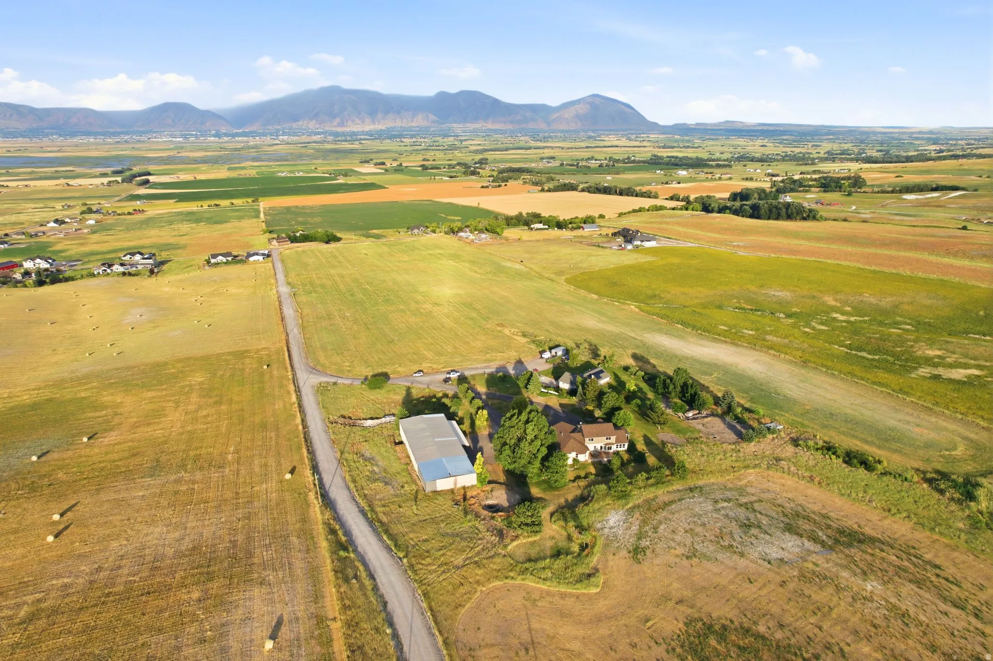 Expansive agricultural landscape featuring a single-family residence, a large outbuilding, and scattered mature trees