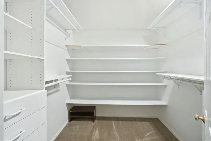 2nd master Walk-in closet with carpet flooring, extensive built-in shelving, white cabinetry with drawers, and hanging rods