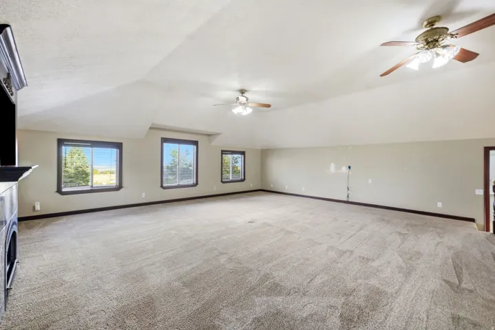 Spacious room featuring vaulted ceilings, light-toned carpeting, and three windows with dark trim