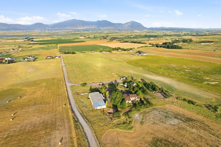 Expansive agricultural landscape featuring a single-family residence, a large outbuilding, and scattered mature trees