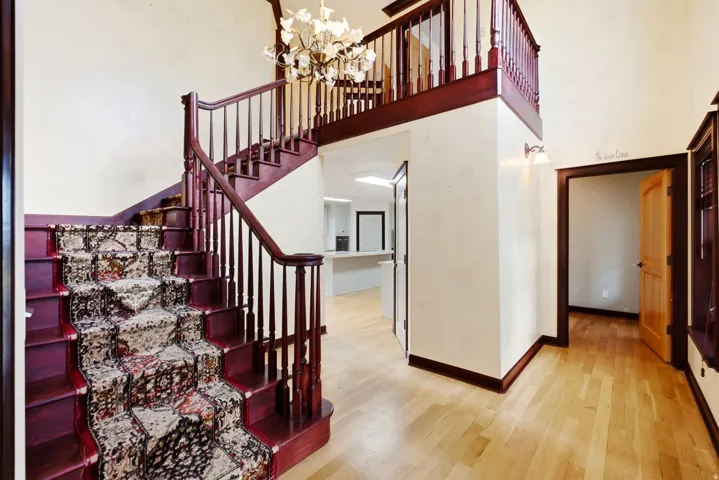Grand entry featuring a dark wood staircase with ornate carpet runner