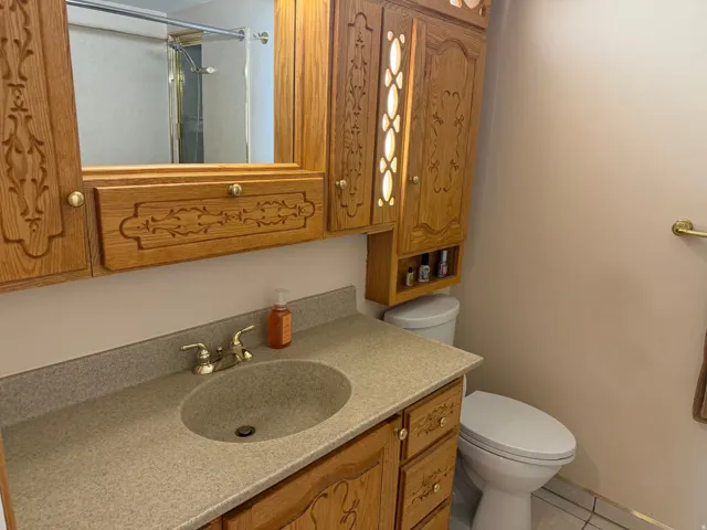 Bathroom vanity featuring a built-in sink and brass-finish faucet. Custom cabinetry.