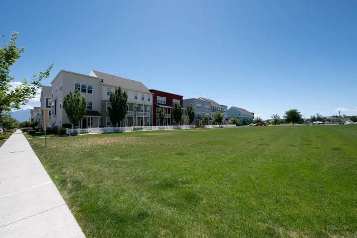 Expansive green space featuring a large grassy area, bordered by a concrete sidewalk and mature trees