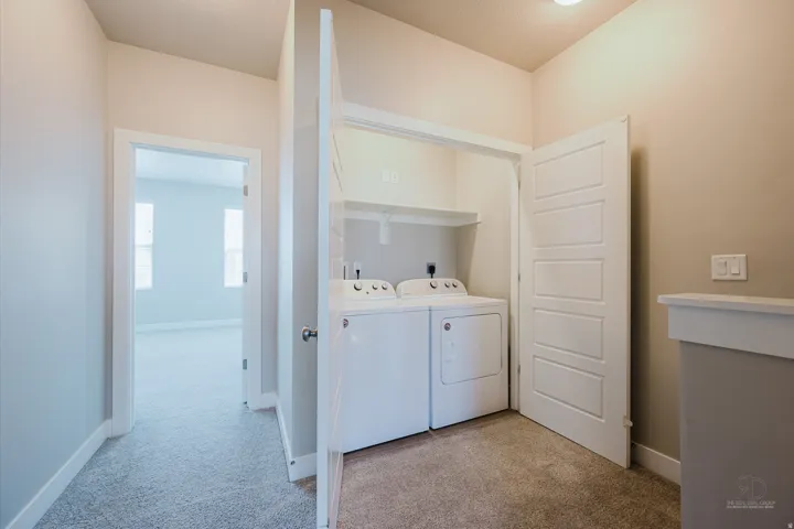 Dedicated laundry closet featuring a built-in shelf, neutral wall tones, and carpet flooring