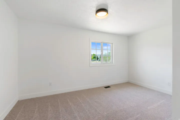 Bright room featuring a single window with gridded panes, a neutral carpeted floor, white walls, and a contemporary flush-mount ceiling light