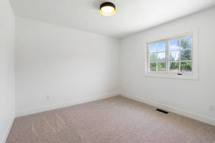 Bright room featuring a window with white trim, neutral carpet, and a flush-mounted ceiling light fixture