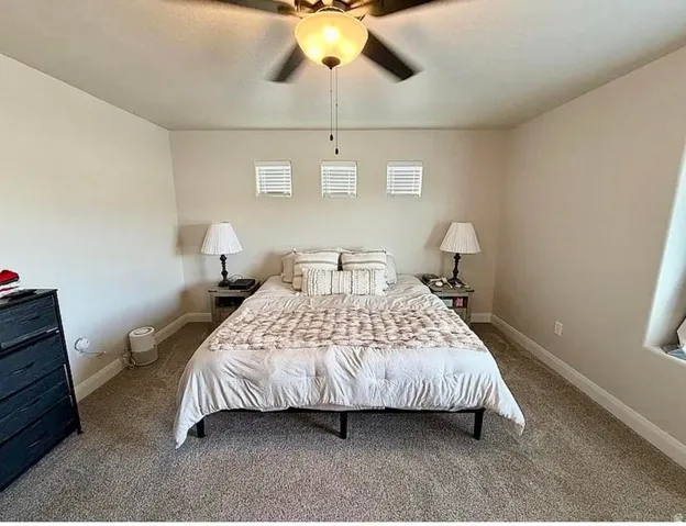 Carpeted room featuring a ceiling fan with integrated lighting, three transom windows with blinds, and neutral wall tones