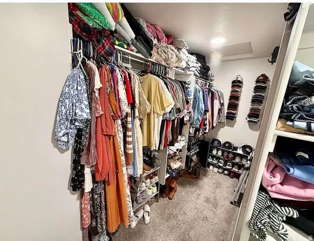 Walk-in closet featuring built-in shelving, hanging rods, and recessed lighting