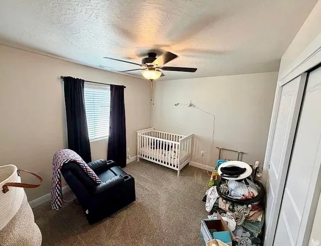 Carpeted room featuring a ceiling fan with integrated lighting, a window with blinds and dark curtains, and dual bi-fold closet doors