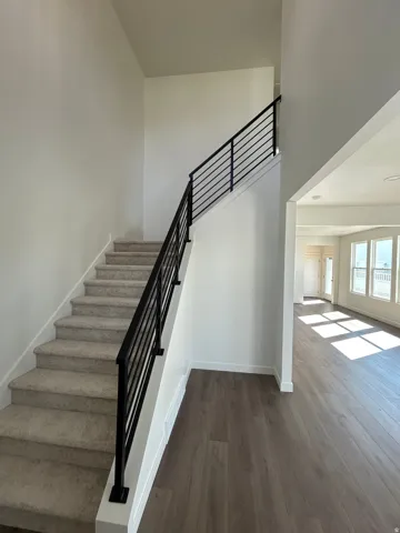 Staircase featuring contemporary black metal horizontal railings and plush carpeted treads
